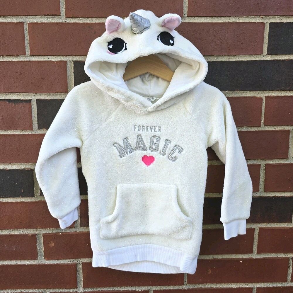 H&M Girls White Unicorn Hoodie Fleece Sweater Size 18-24 Months Forever Magic